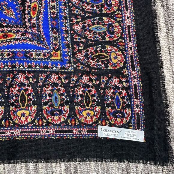 Collectif by Echo Ornate‎ Wool Scarf Multicolor Frayed Edge Printed Pattern - Picture 3 of 8